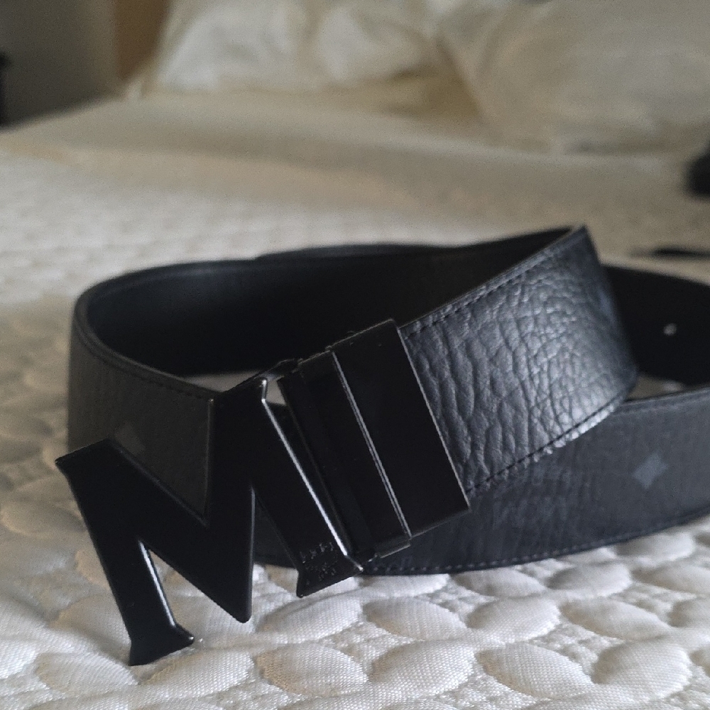 MCM Black Leather Belt with Bold Monogram Buckle